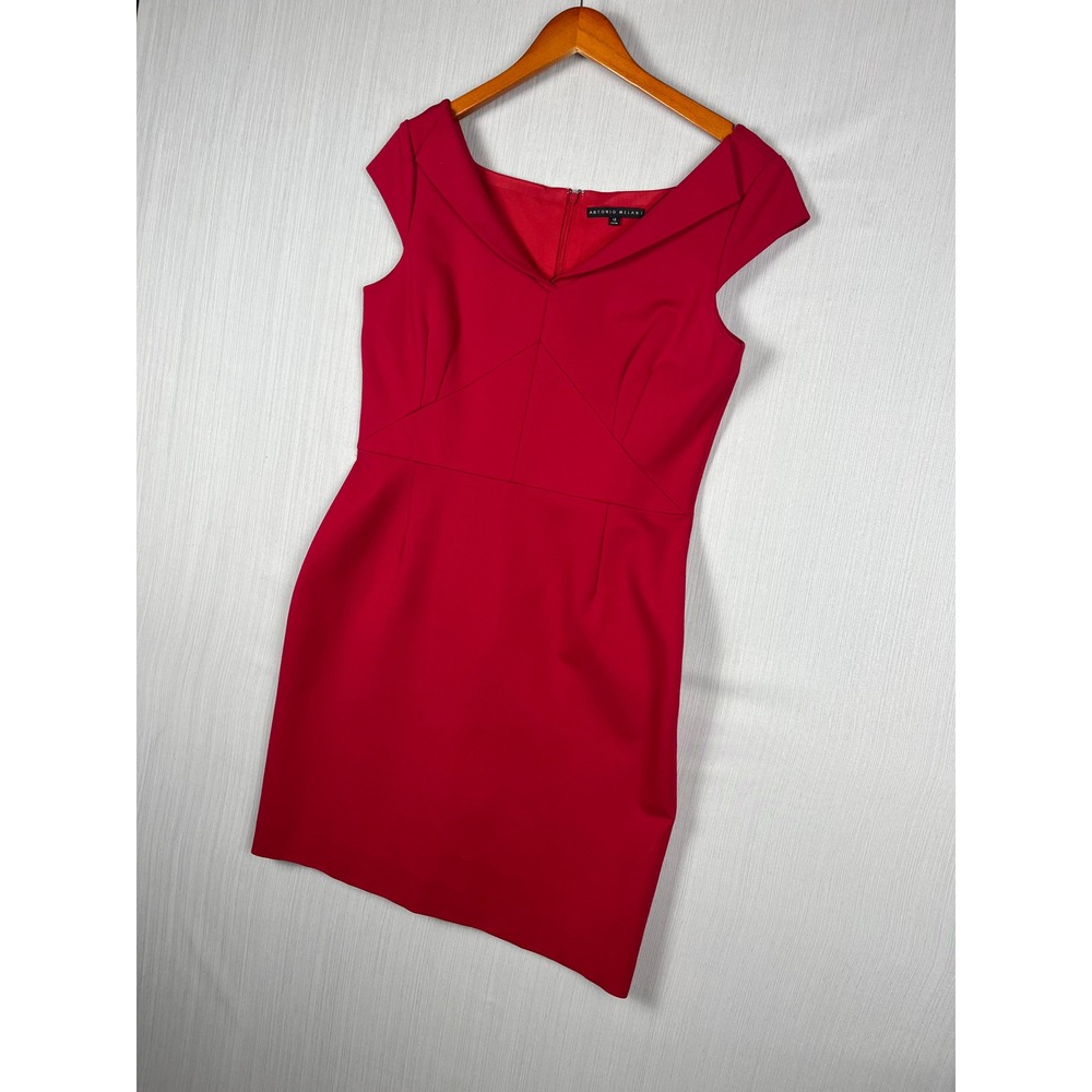 Antonio Melani Dress Sz 12 Red Portrait Neck Sheath Cap Sleeve Office Chic
